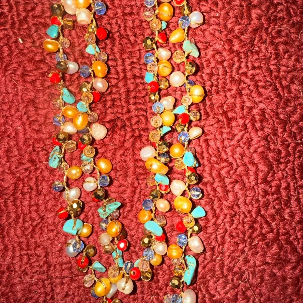 Vintage Real pearl turquoise Jasper and other stones in 925 Beaded Necklace
